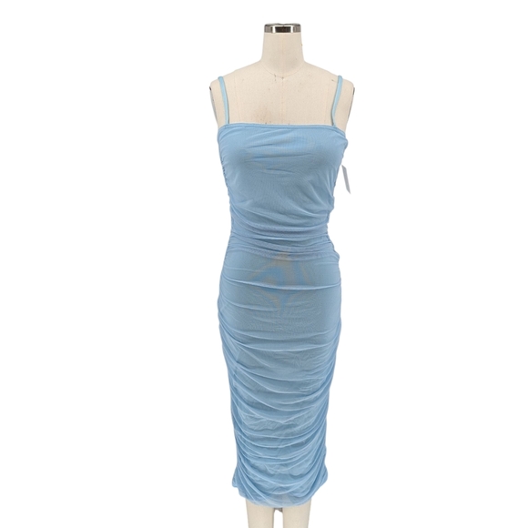 01507 NEW Pretty Little Thing Ruched Mesh Midi Dress Blue size 6 party cocktail - Picture 1 of 8